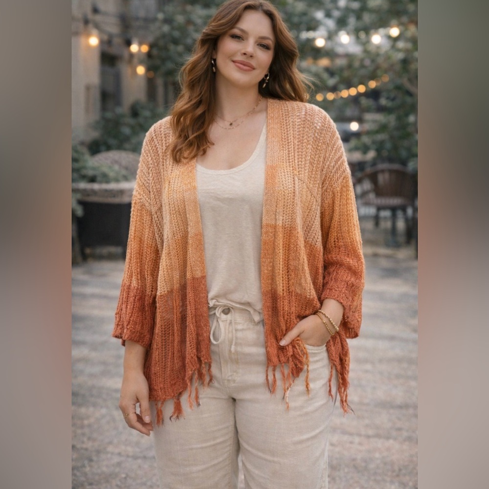 *Maurice -XXL -  Boho Ombre Knit Cardigan - Orange and Tan - fringed